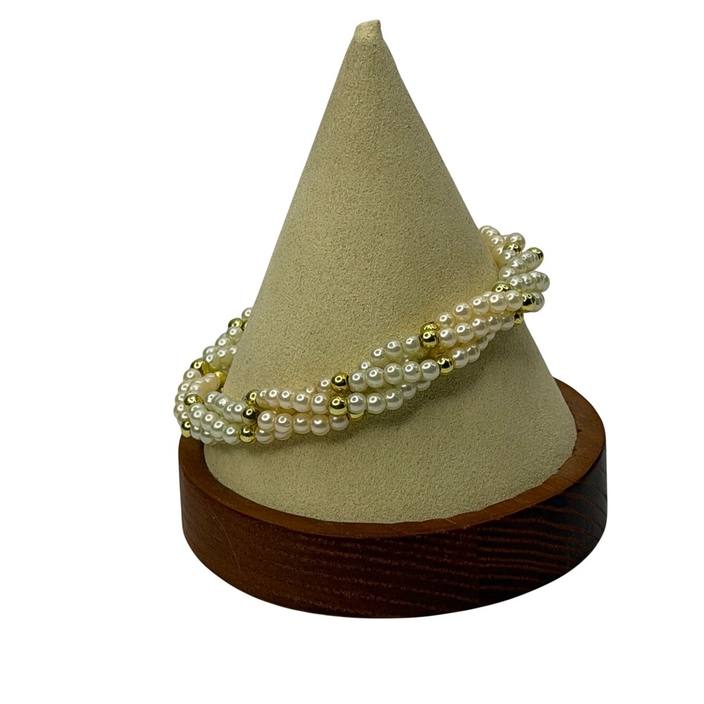 Triple Strand Faux Pearl Bracelet Gold‎ Tone Spacer Beads White Classic Chic